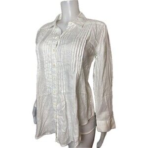 F. Sundance Women Top Size PL White 100% Linen Blouse  Long Sleeve Collared